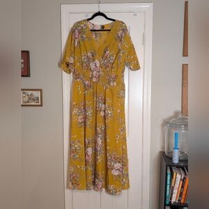 SHEIN Curve Plus Size 4X Floral Maxi Dress Mustard Yellow Smocked Waist
